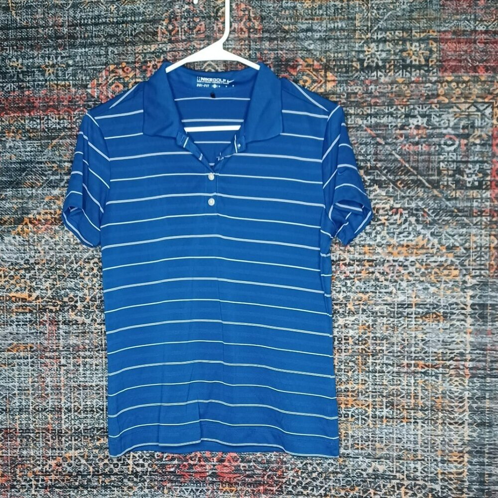 Nike Golf womens blue an white striped NO LOGOS golf polo shirt M EUC